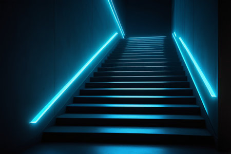 Stairway with blue lighted linesの素材