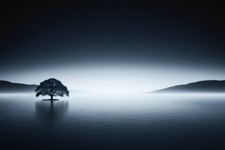Lone tree stands on the calm water landscapeの素材
