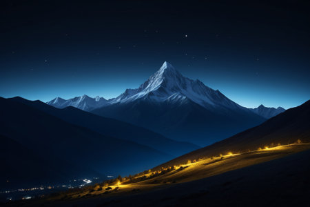 Snowy mountains and lighted landscapes at nightの素材