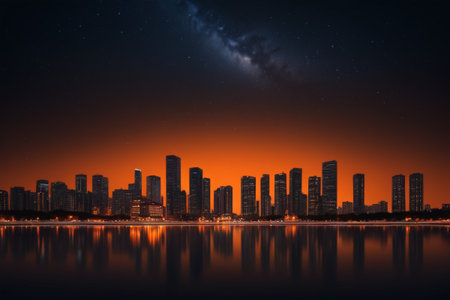 City night view skyline and water reflectionの素材
