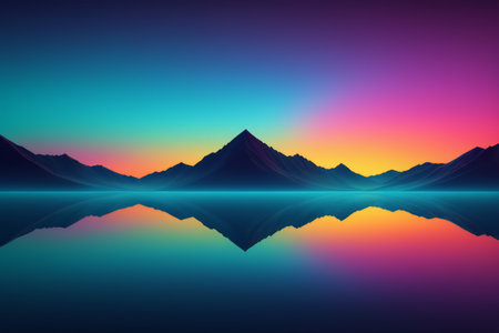 Landscape with reflections of mountains and rivers under a colorful skyの素材