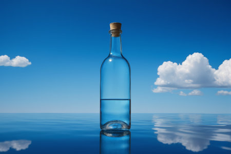Glass bottle on the water under a blue skyの素材