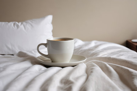 Coffee cup and pillow on the bedの素材