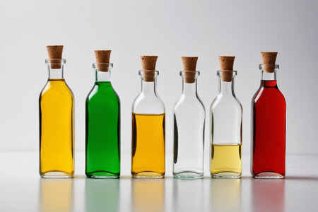 Close up of a still life in a colored liquid glass bottleの素材