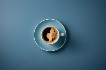 Close up of coffee cup on blue backgroundの素材
