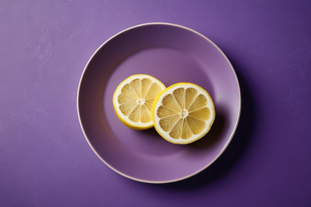 Lemon slices on a plate with a purple backgroundの素材