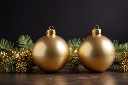 Golden Christmas Decorative Ball with Pine Branchesの素材