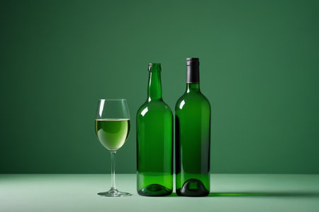 Wine bottles and glasses on a green backgroundの素材
