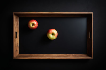 Two red apples on a wooden trayの素材
