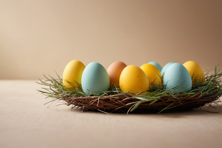 Easter eggs are placed in the bird's nest decorationの素材