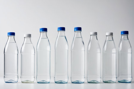 Multiple transparent bottles of drinking water stagedの素材