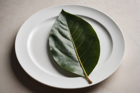 Green leaves on a white plateの素材