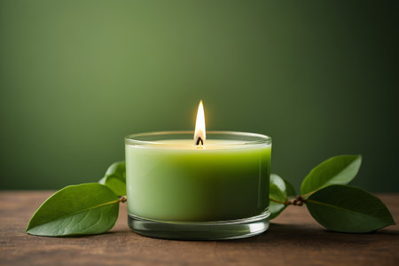 Close up of a burning green candleの素材