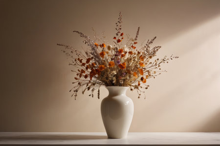 Colorful dried flower arrangements in a white vaseの素材