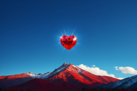 Red hearts on the blue sky and snow capped mountainsの素材
