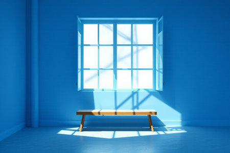 Wooden bench scene by the window in the blue roomの素材