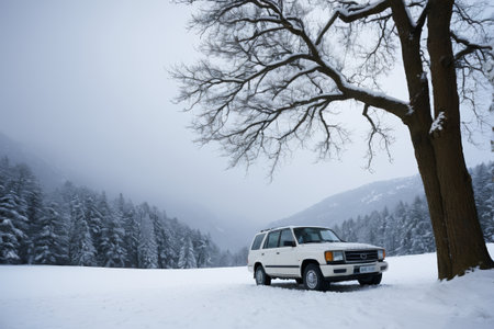 White off road car in the snow forestの素材