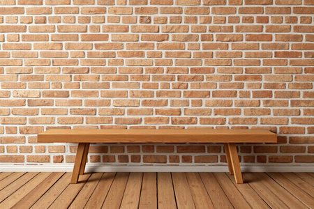 Wooden bench scene in front of brick wallの素材