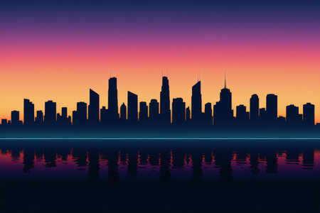 Reflecting landscape of the city skyline at duskの素材