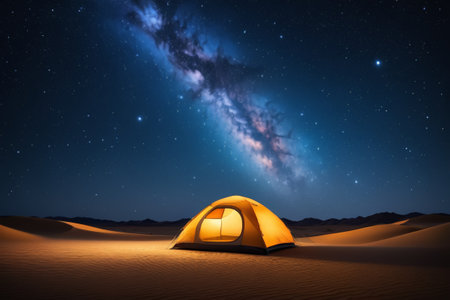 Camping tent under the stars in the desertの素材