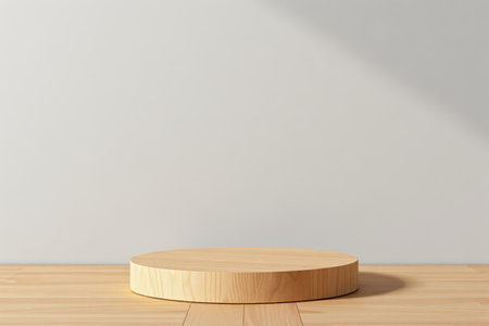Wooden round display table with blank backgroundの素材