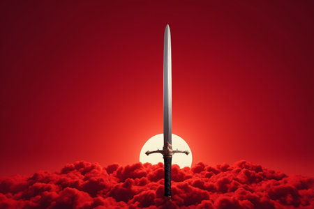 Sword standing on red clouds on red backgroundの素材