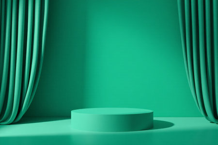 Circular display stand in front of green curtainの素材