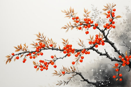 Chinese ink painting style red fruit branchesの素材
