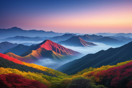 Morning view of the mountains, colorful mountains and forestsの素材