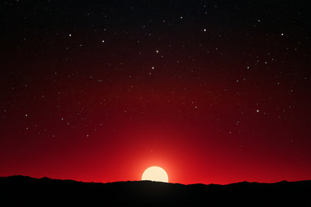 Mountain scene under the starry sky at sunsetの素材