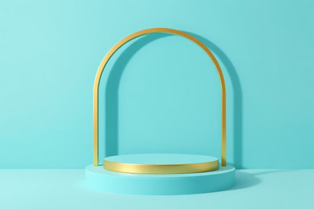 Gold arched display stand with blue backgroundの素材