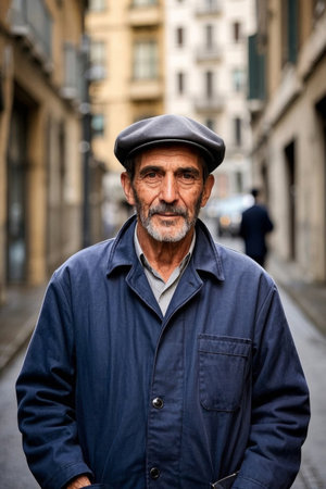 Older man in work clothes on the streetの素材