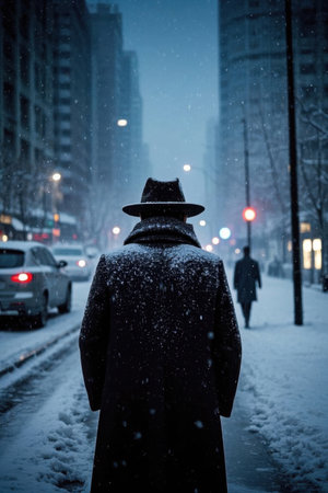Men in black with their backs on the street on a snowy nightの素材