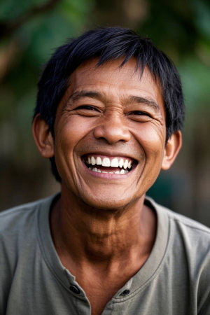 Outdoor portrait of a middle aged Asian man with a bright smileの素材
