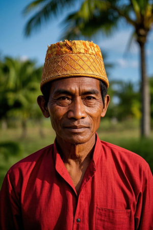 An old man in red and a traditional hatの素材
