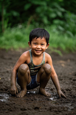 Happy playing child in the mudの素材