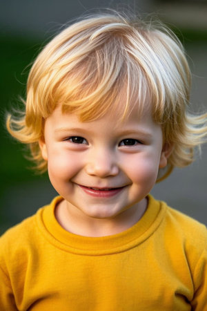 Blonde little boy with bright smile outdoor photoの素材