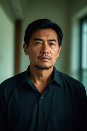 Portrait of a middle aged man with firm eyesの素材