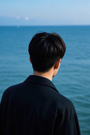 The man with his back looking out at the deep seaの素材