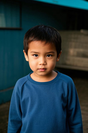 Blue sweater little boy stares seriouslyの素材