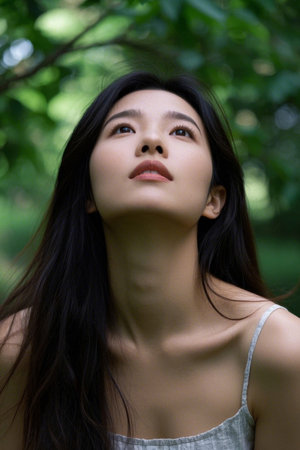 Young woman looking up in the shadeの素材