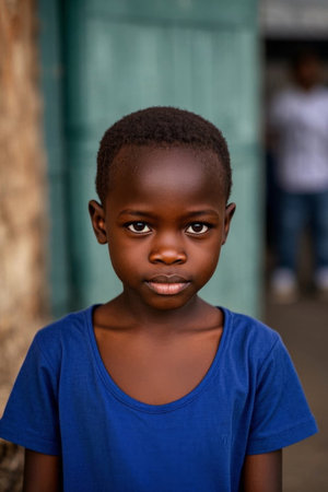 The young African boy stared at the camera with innocent eyesの素材