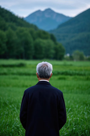 The old man's field overlooks the mountainsの素材