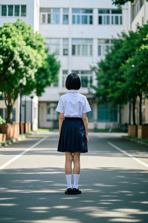 Girls' school uniforms stand on the street with their backsの素材
