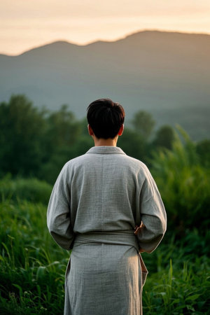Man looking out over the distant mountain scenery from behindの素材