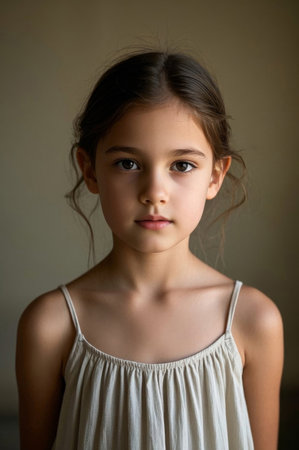 Girl portrait wearing beige slip dressの素材