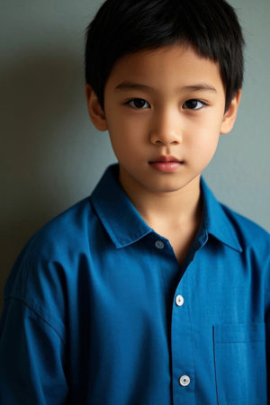 Boy in blue shirt gazing into cameraの素材