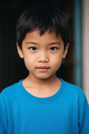 Front view of little boy in blue clothesの素材