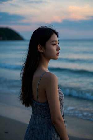 Silhouette of a girl by the sea in the eveningの素材