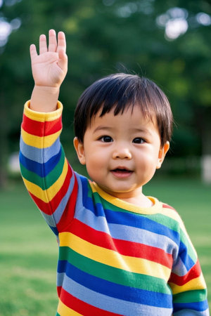 Cute baby raises little hands, rainbow striped shirtの素材